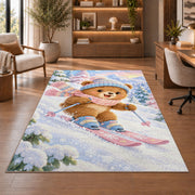Teddy bear skier rug in a home office with wooden shelves