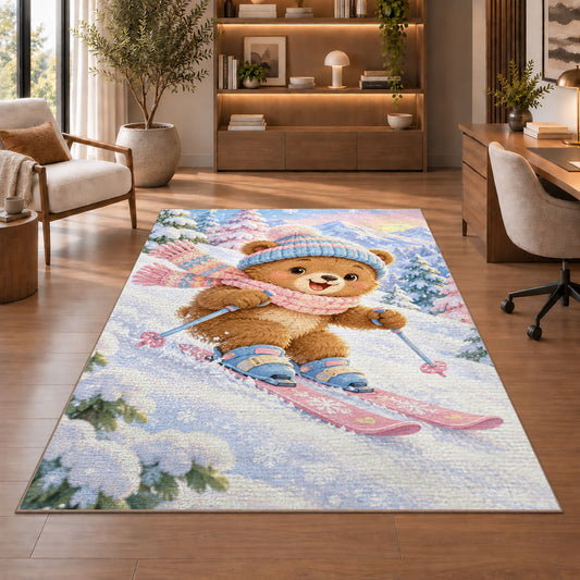 Teddy bear skier rug in a home office with wooden shelves