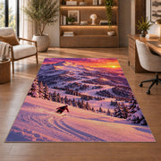 Sunset ski slope rug in a home office with wooden shelves