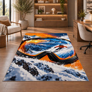 Ski goggles reflection rug in a home office with wooden shelves