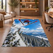 Ski jumper rug in a home office with wooden shelves