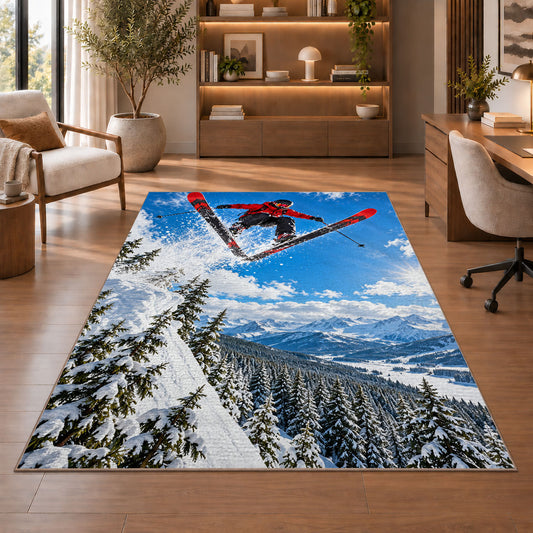 Ski jumper rug in a home office with wooden shelves
