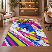 Pop art skier rug in a home office with wooden shelves