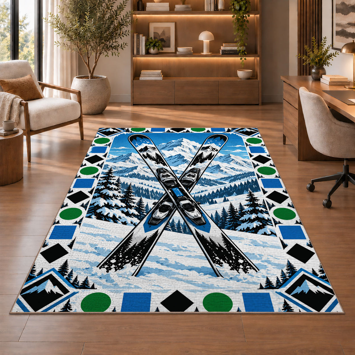 Trail difficulty symbols rug in a home office with wooden shelves