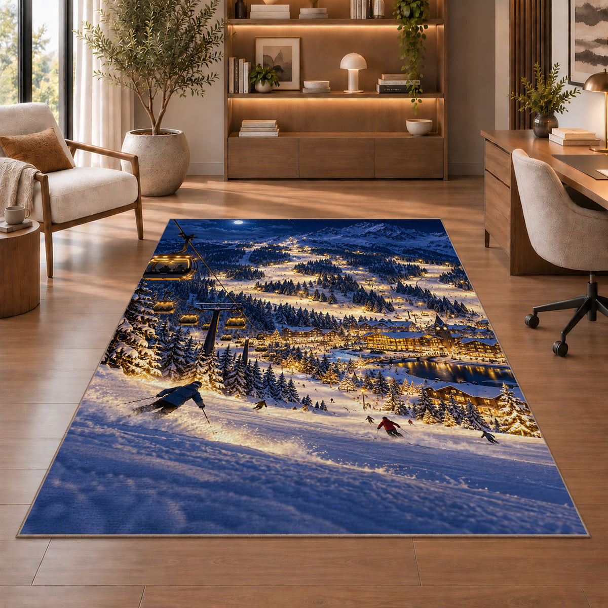 Night skiing resort rug in a home office with wooden shelves