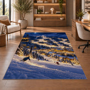 Night skiing resort rug in a home office with wooden shelves