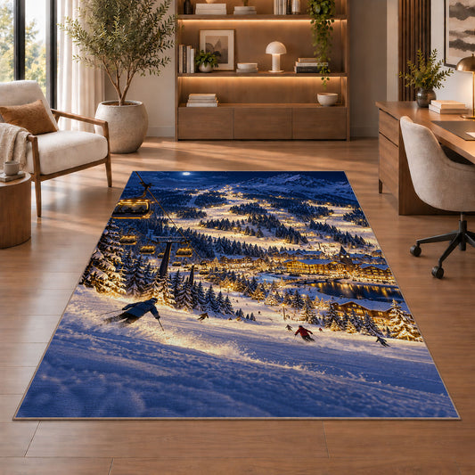 Night skiing resort rug in a home office with wooden shelves
