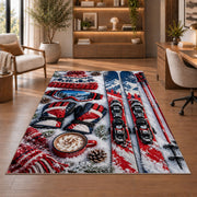 Ski gear flat lay rug in a home office with wooden shelves