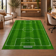 soccer field top view rug in a home office with wooden shelves