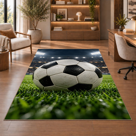 classic soccer ball under stadium lights rug in a home office with wooden shelves
