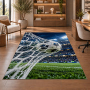 soccer ball hitting the net rug in a home office with wooden shelves