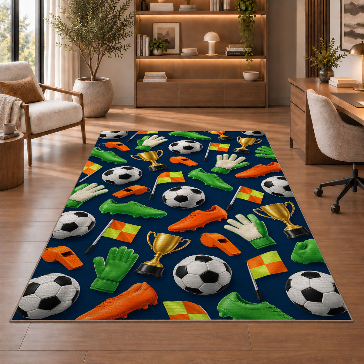 soccer gear pattern rug in a home office with wooden shelves