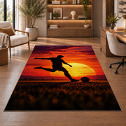 soccer player silhouette at sunset rug in a home office with wooden shelves