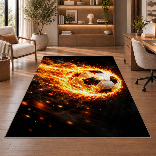 flaming soccer ball rug in a home office with wooden shelves