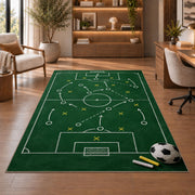 soccer tactics chalkboard rug in a home office with wooden shelves