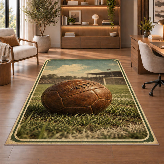 vintage leather soccer ball rug in a home office with wooden shelves