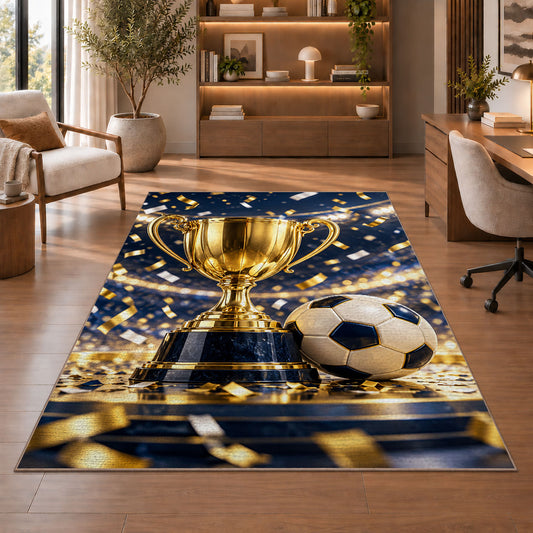 gold trophy and soccer ball rug in a home office with wooden shelves