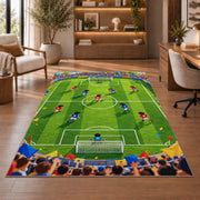 cartoon kids soccer match rug in a home office with wooden shelves