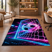 neon soccer ball and goal rug in a home office with wooden shelves