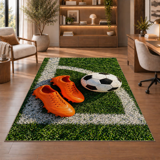 orange soccer cleats and ball rug in a home office with wooden shelves