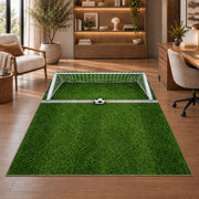 soccer goal top view rug in a home office with wooden shelves
