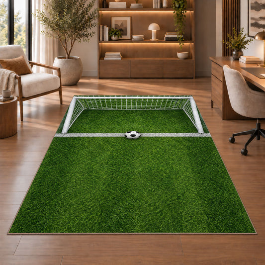 soccer goal top view rug in a home office with wooden shelves