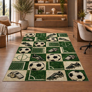 retro checkered soccer pattern rug in a home office with wooden shelves
