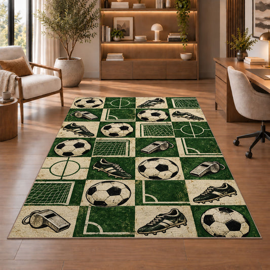 retro checkered soccer pattern rug in a home office with wooden shelves