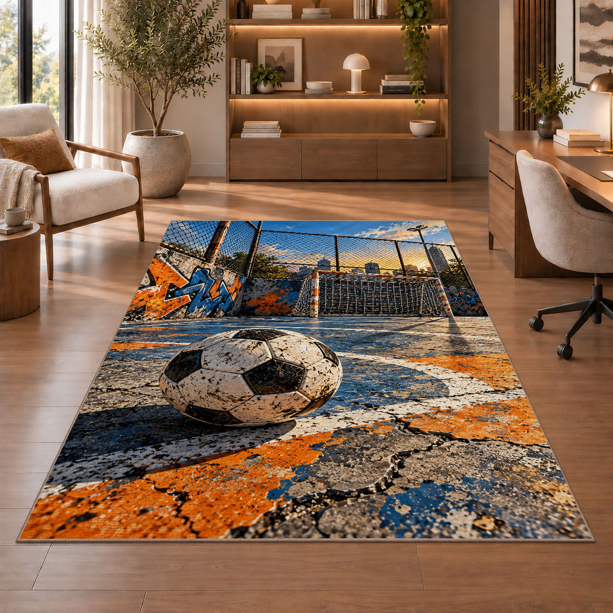 street soccer court rug in a home office with wooden shelves
