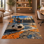 street soccer court rug in a home office with wooden shelves