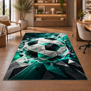 low poly geometric soccer ball rug in a home office with wooden shelves