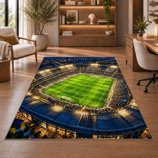 soccer stadium at night rug in a home office with wooden shelves
