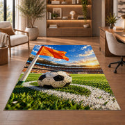 corner flag and soccer ball rug in a home office with wooden shelves