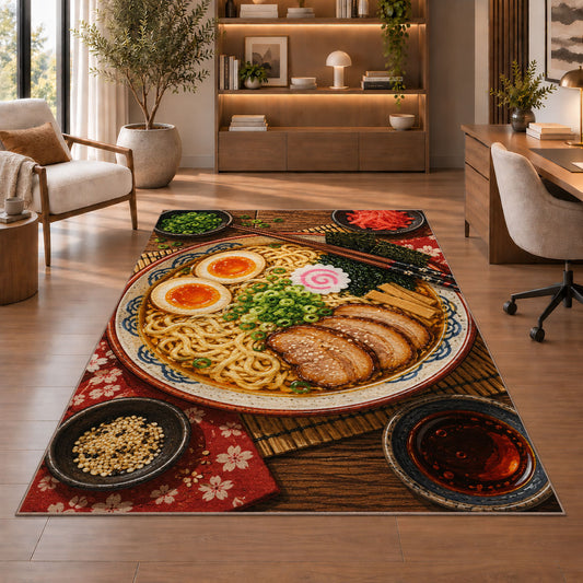 Ramen Bowl Rug in a home office with wooden shelves