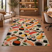 Sushi Pattern Rug in a home office with wooden shelves