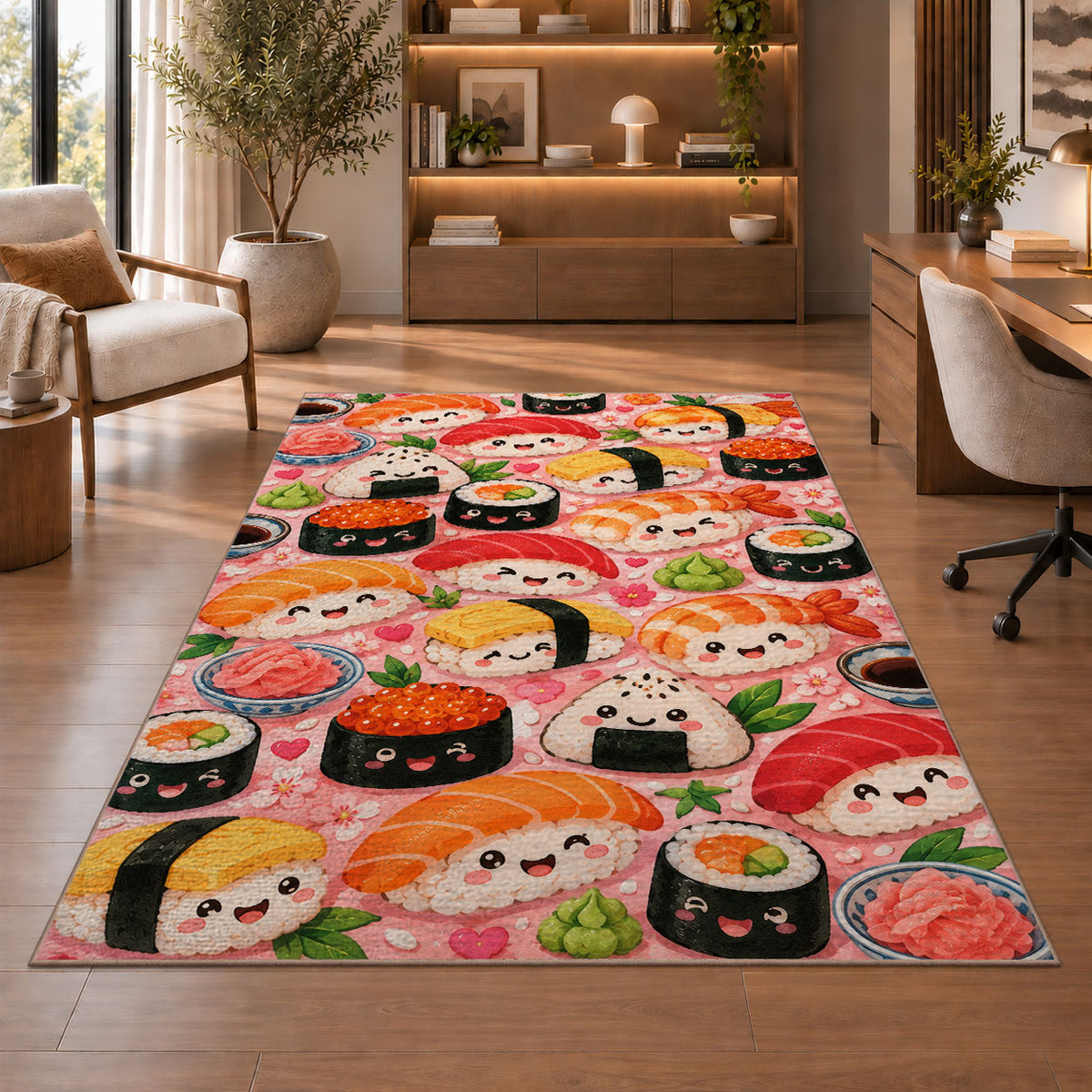 Kawaii Sushi Rug in a home office with wooden shelves