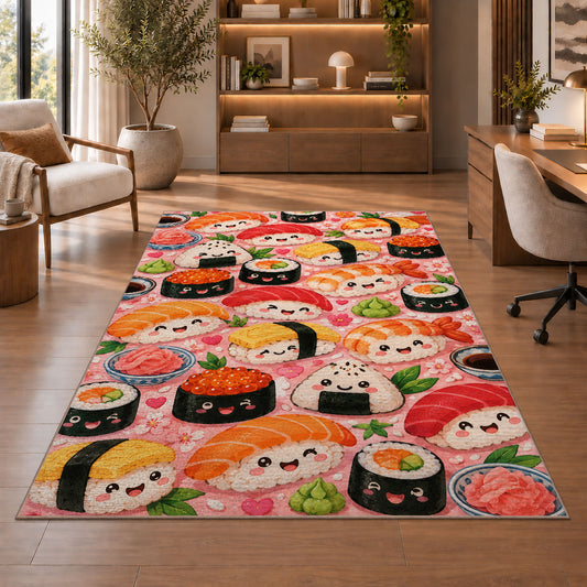 Kawaii Sushi Rug in a home office with wooden shelves