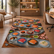 Conveyor Belt Sushi Rug in a home office with wooden shelves