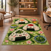 Onigiri Rice Ball Rug in a home office with wooden shelves