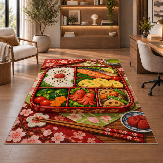 Bento Box Rug in a home office with wooden shelves