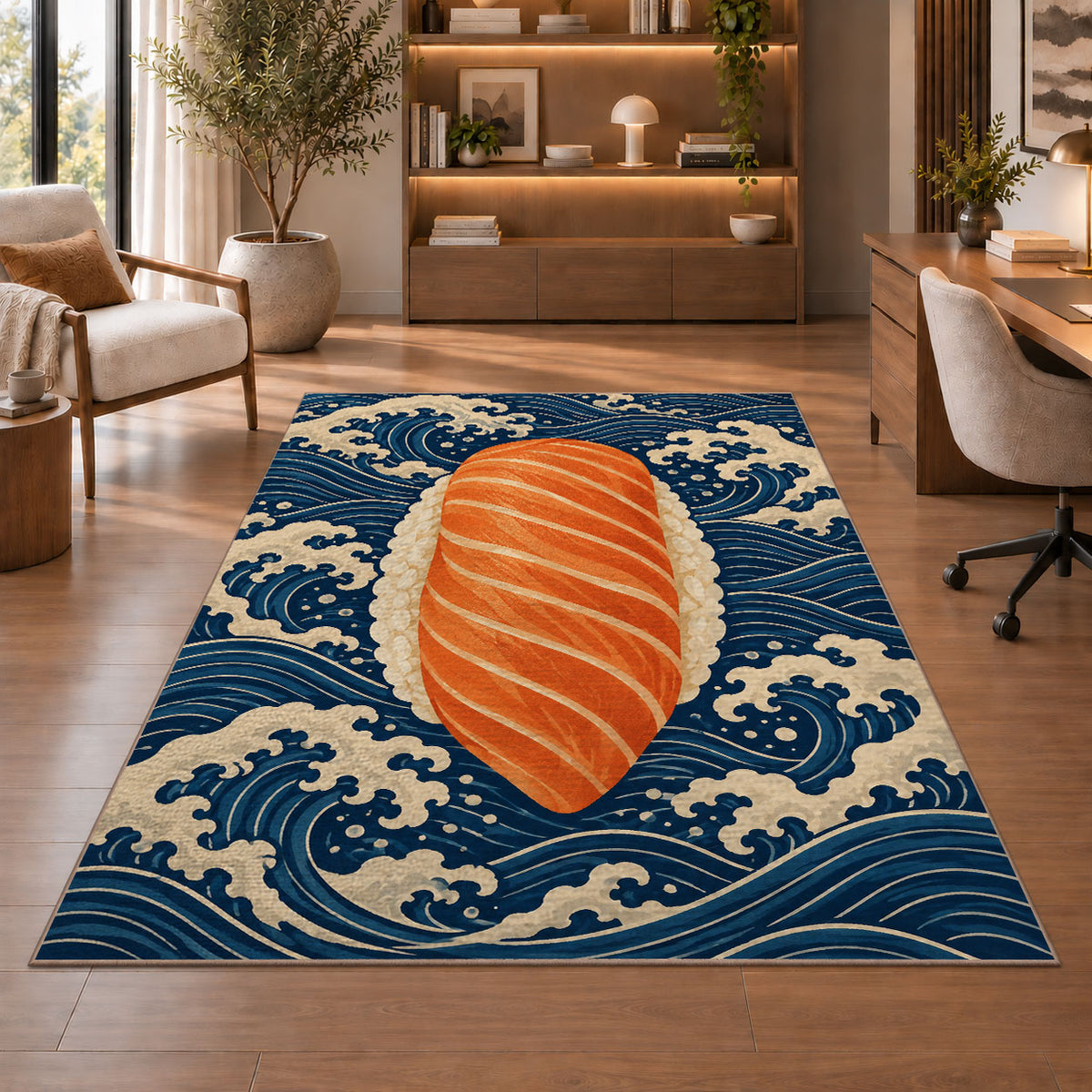 Salmon Nigiri Rug in a home office with wooden shelves