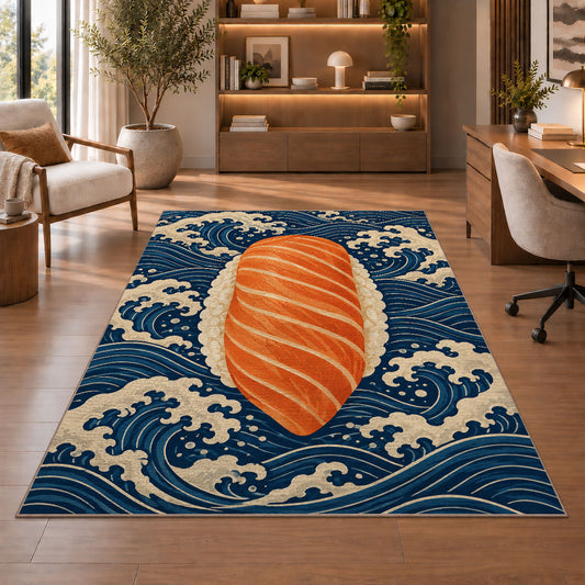 Salmon Nigiri Rug in a home office with wooden shelves