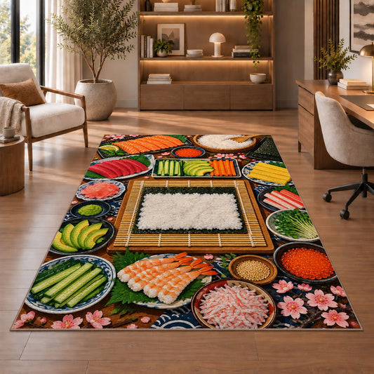 Sushi Making Rug in a home office with wooden shelves