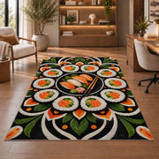 Sushi Mandala Rug in a home office with wooden shelves
