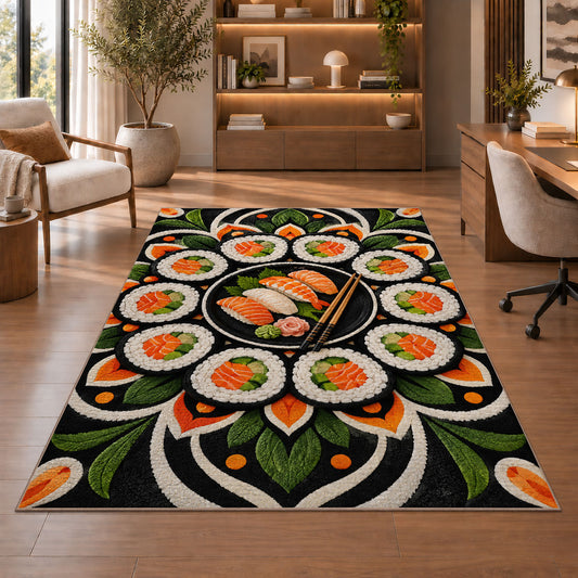 Sushi Mandala Rug in a home office with wooden shelves