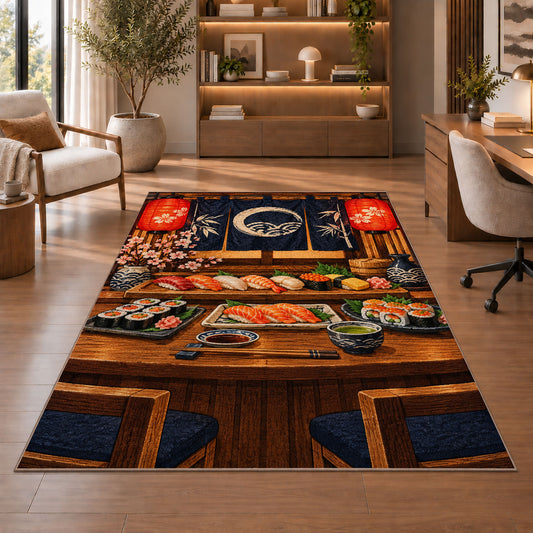 Sushi Bar Rug in a home office with wooden shelves