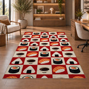 Checkered Sushi Rug in a home office with wooden shelves