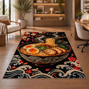 Ramen Bowl on Black Rug in a home office with wooden shelves