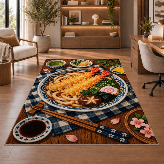 Tempura Udon Rug in a home office with wooden shelves
