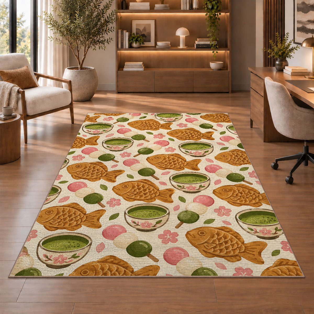 Taiyaki and Matcha Rug in a home office with wooden shelves